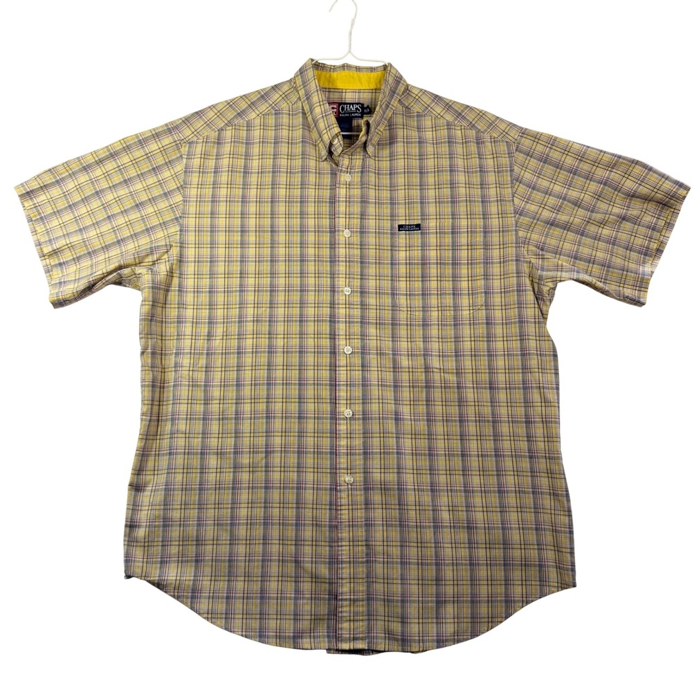 Chaps Ralph Lauren Mens XL Short Sleeve Button Down Shirt Yellow Plaid Vintage